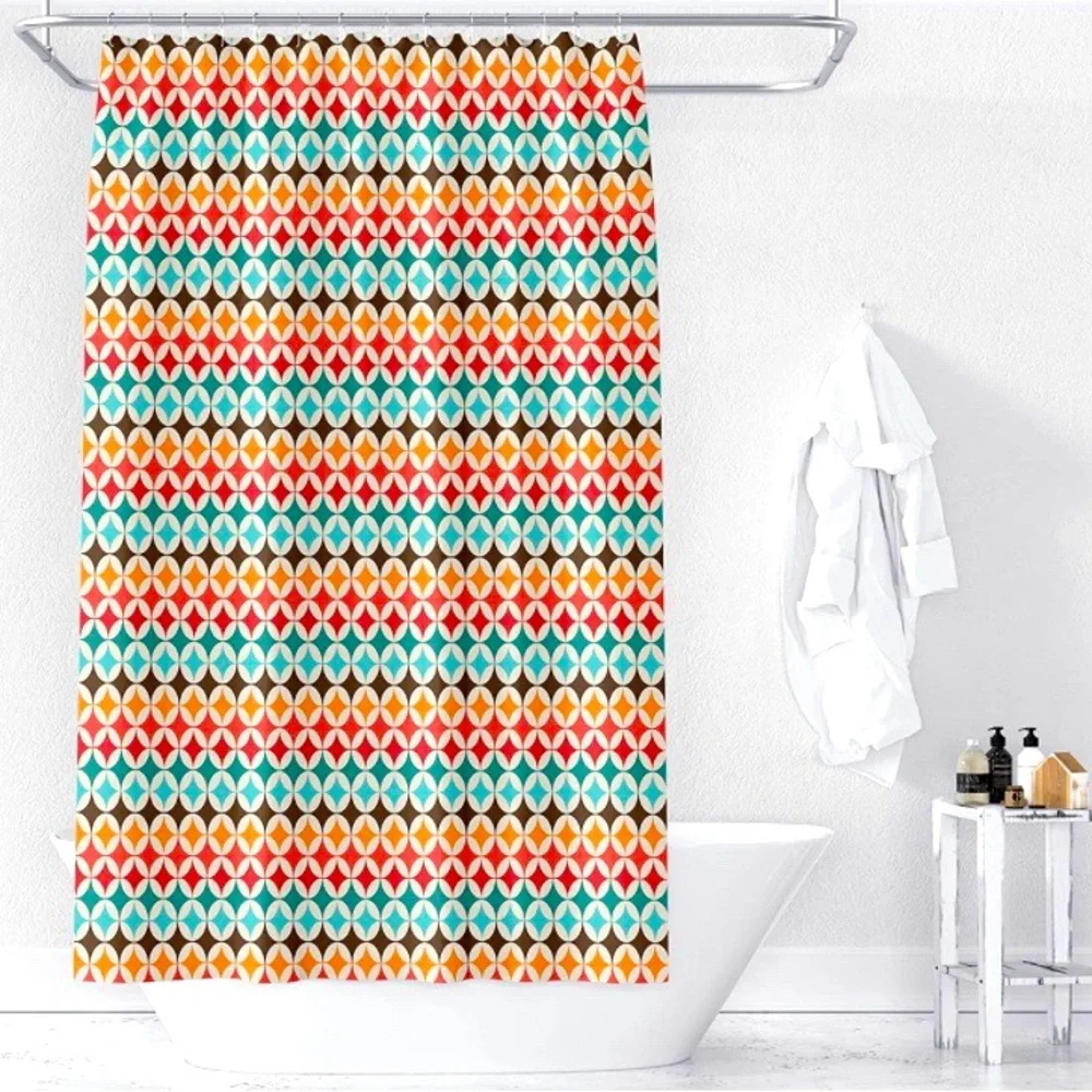 Retro inspired graphic print shower curtain with rings NEW